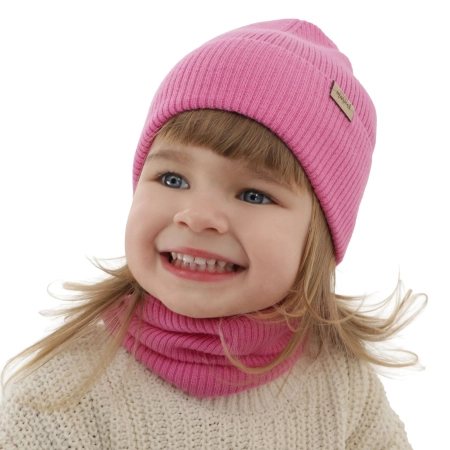Czapka i komin dla dziewczynki jesienny, wiosenny komplet, różowy, 100% wełniany merino Magenta-1