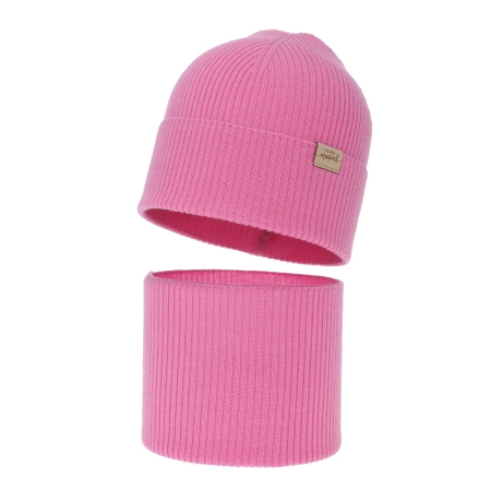 Czapka i komin dla dziewczynki jesienny, wiosenny komplet, różowy, 100% wełniany merino Magenta-2