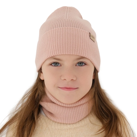 Czapka i komin dla dziewczynki jesienny, wiosenny komplet, różowy, 100% wełniany merino Magenta-8