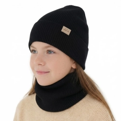 Czapka i komin dla dziewczynki jesienny, wiosenny komplet, czarny, 100% wełniany merino Magenta-1