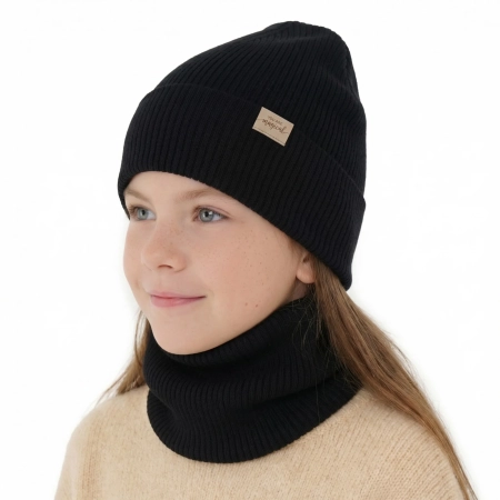 Czapka i komin dla dziewczynki jesienny, wiosenny komplet, czarny, 100% wełniany merino Magenta-1