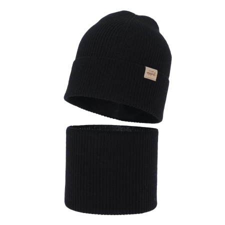 Czapka i komin dla dziewczynki jesienny, wiosenny komplet, czarny, 100% wełniany merino Magenta-2