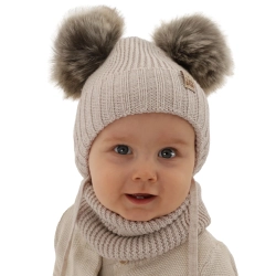 Czapka i komin dla chłopca zimowy komplet, beżowy, 100% wełniany merino, wiązany Konor-1