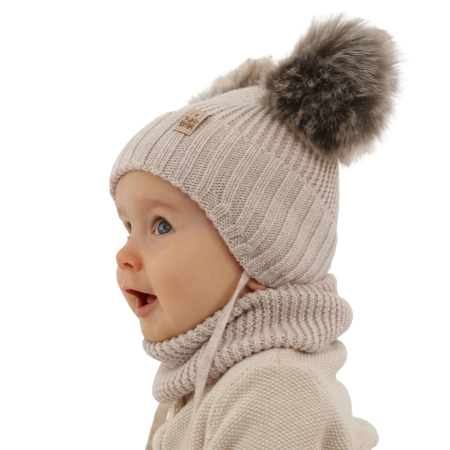 Czapka i komin dla chłopca zimowy komplet, beżowy, 100% wełniany merino, wiązany Konor-2
