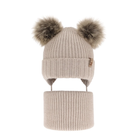 Czapka i komin dla chłopca zimowy komplet, beżowy, 100% wełniany merino, wiązany Konor-3