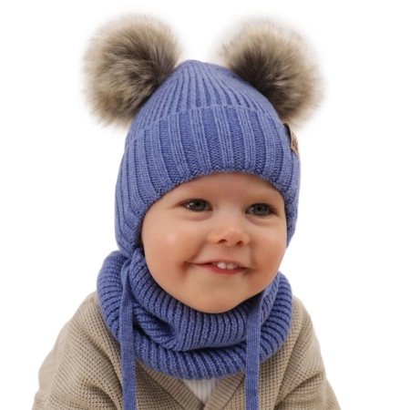 Czapka i komin dla chłopca zimowy komplet, beżowy, 100% wełniany merino, wiązany Konor-6