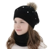 Beret i komin dla dziewczynki, zimowy komplet podszyty polarem, czarny, z pomponem Jeanette-1