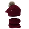 Beret i komin dla dziewczynki, zimowy komplet podszyty polarem, bordowy, z pomponem Jeanette-1