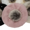 Beret i komin dla dziewczynki, zimowy komplet podszyty polarem, bordowy, z pomponem Jeanette-2