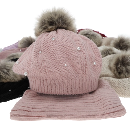 Beret i komin dla dziewczynki, zimowy komplet podszyty polarem, bordowy, z pomponem Jeanette-3