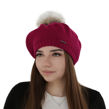 Beret zimowy damski, różowy, z wełną merino Bonnie-1