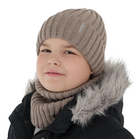 Czapka i komin dla chłopca zimowy komplet, brązowy, z wełną merino, podszyty polarem Banasko-5