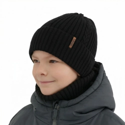 Czapka i komin dla chłopca zimowy komplet, czarny, 100% wełniany merino Wilson-1