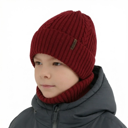 Czapka i komin dla chłopca zimowy komplet, bordowy, 100% wełniany merino Wilson-1