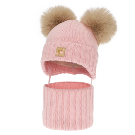 Czapka i komin dla dziewczynki, zimowy komplet, różowy, 100% wełniany merino, podszyty polarem wełnianym, Ronia-1