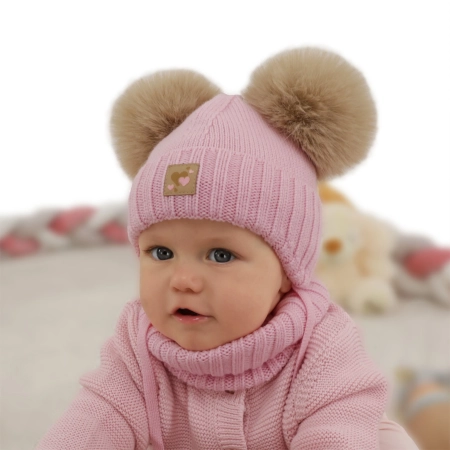 Czapka i komin dla dziewczynki, zimowy komplet, różowy, 100% wełniany merino, podszyty polarem wełnianym, Ronia-4