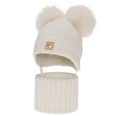 Czapka i komin dla dziewczynki, zimowy komplet, biały, 100% wełniany merino, podszyty polarem wełnianym, Ronia-1