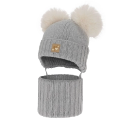 Czapka i komin dla dziewczynki, zimowy komplet, szary, 100% wełniany merino, podszyty polarem wełnianym, Ronia-1