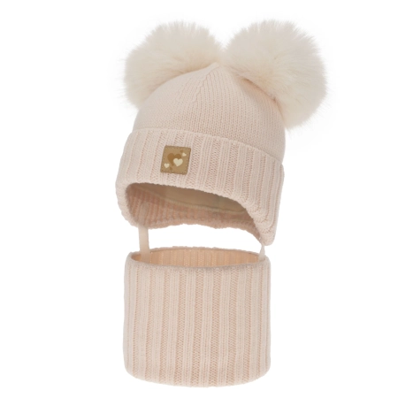 Czapka i komin dla dziewczynki, zimowy komplet, jasnoróżowy, 100% wełniany merino, podszyty polarem wełnianym, Ronia-1