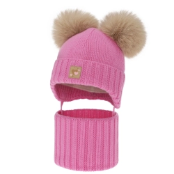 Czapka i komin dla dziewczynki, zimowy komplet, różowy, 100% wełniany merino, podszyty polarem wełnianym, Ronia-1