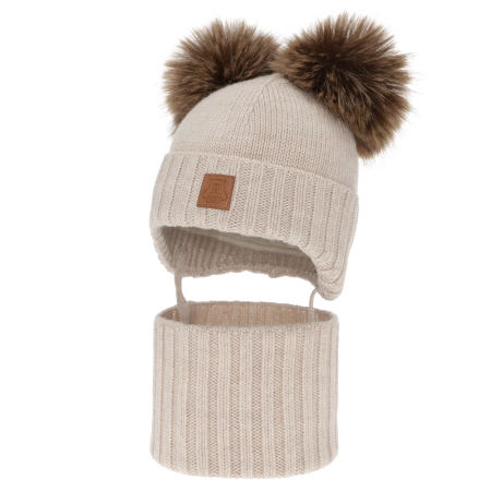Czapka i komin dla chłopca, zimowy komplet, jasnobeżowy, 100% wełniany merino, podszyty polarem wełnianym, Ronik-2