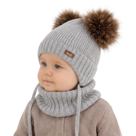 Czapka i komin dla chłopca, zimowy komplet, szary, 100% wełniany merino, podszyty polarem wełnianym, Ronik-1