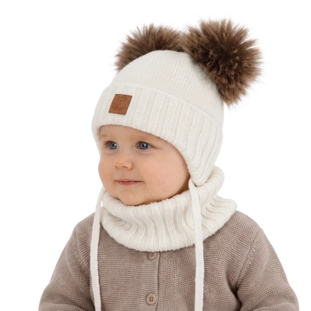 Czapka i komin dla chłopca, zimowy komplet, biały, 100% wełniany merino, podszyty polarem wełnianym, Ronik-1