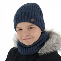 Czapka i komin dla chłopca, zimowy komplet, 100% wełniany merino, niebieski Umberto-1
