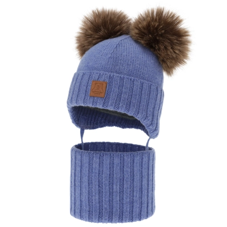 Czapka i komin dla chłopca, zimowy komplet, niebieski, 100% wełniany merino, podszyty polarem wełnianym, Ronik-1