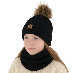 Czapka i komin dla dziewczynki zimowy komplet, czarny, podszyty polarem, z wełną merino Bellina-1