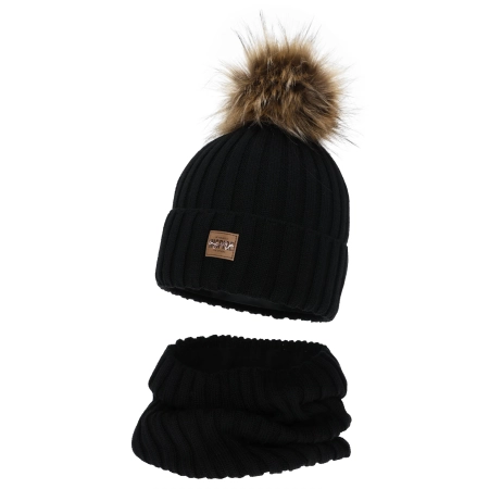 Czapka i komin dla dziewczynki zimowy komplet, czarny, podszyty polarem, z wełną merino Bellina-2