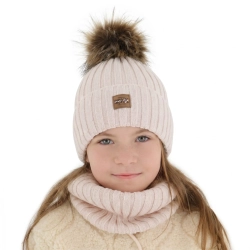 Czapka i komin dla dziewczynki zimowy komplet, jasnoróżowy, podszyty polarem, z wełną merino Bellina-1