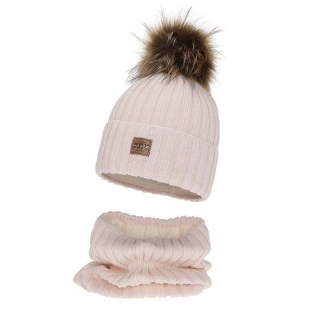 Czapka i komin dla dziewczynki zimowy komplet, jasnoróżowy, podszyty polarem, z wełną merino Bellina-2