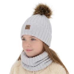 Czapka i komin dla dziewczynki zimowy komplet, szary, podszyty polarem, z wełną merino Bellina-1