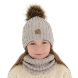 Czapka i komin dla dziewczynki zimowy komplet, beżowy, podszyty polarem, z wełną merino Bellina-1