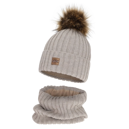 Czapka i komin dla dziewczynki zimowy komplet, beżowy, podszyty polarem, z wełną merino Bellina-2