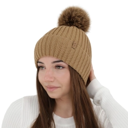 Czapka zimowa damska, camel, z wełną merino, Zamira-1