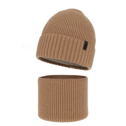 Czapka i komin dla chłopca, zimowy komplet, 100% wełniany merino, z podszyciem z wełny merino, camel Harbin-1