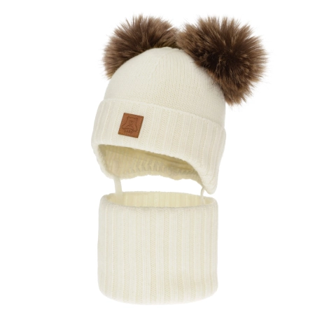 Czapka i komin dla chłopca, zimowy komplet, kremowy, 100% wełniany merino, podszyty polarem wełnianym, Ronik-2
