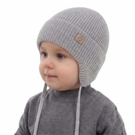 Czapka zimowa, jesienna, wiosenna dla chłopca, 100% wełniana merino, wiązana, szara Bakadi-1