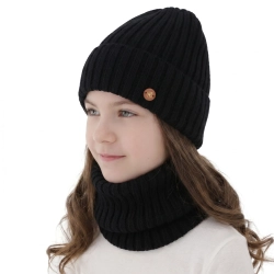 Czapka i komin dla dziewczynki zimowy komplet, czarny, 100% wełniany merino, podszyty bawełną Vanira-1