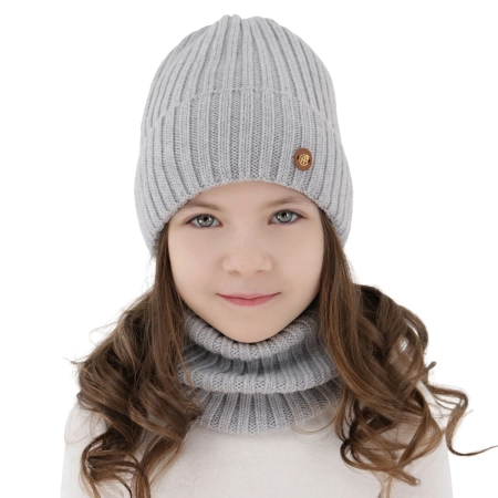 Czapka i komin dla dziewczynki zimowy komplet, szary, 100% wełniany merino, podszyty bawełną Vanira-1