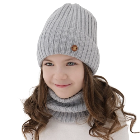 Czapka i komin dla dziewczynki zimowy komplet, szary, 100% wełniany merino, podszyty bawełną Vanira-6