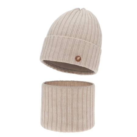 Czapka i komin dla dziewczynki zimowy komplet, beżowy, 100% wełniany merino, podszyty bawełną Vanira-2