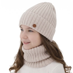 Czapka i komin dla dziewczynki zimowy komplet, jasnobeżowy, 100% wełniany merino, podszyty bawełną Vanira-1