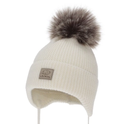 Czapka zimowa dla dziewczynki, kremowa, wiązana, 100% wełniana merino, Jena-1
