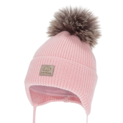 Czapka zimowa dla dziewczynki, różowa, wiązana, 100% wełniana merino, Jena-1