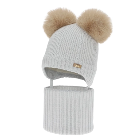 Czapka i komin dla dziewczynki, zimowy komplet, szary, 100% wełniany merino, podszyty polarem wełnianym, Lumia-1