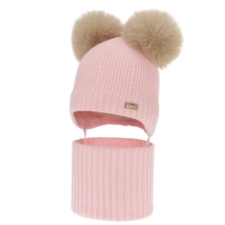 Czapka i komin dla dziewczynki, zimowy komplet, różowy, 100% wełniany merino, podszyty polarem wełnianym, Lumia-1