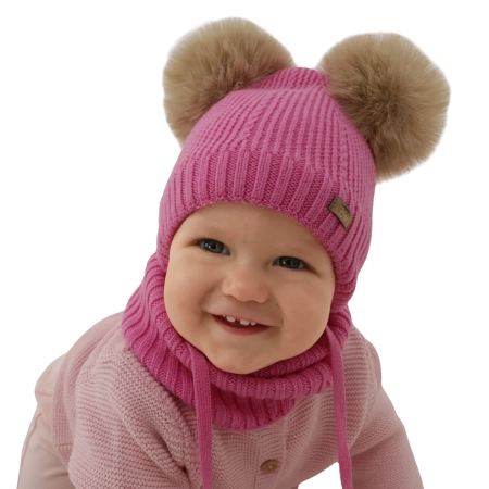 Czapka i komin dla dziewczynki, zimowy komplet, różowy, 100% wełniany merino, podszyty polarem wełnianym, Lumia-1